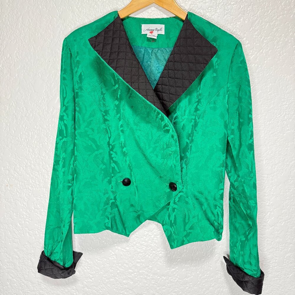 VTG Adrianna Papell 100% Silk Emerald Green Blazer Quilted Lapel Floral Jacket 8